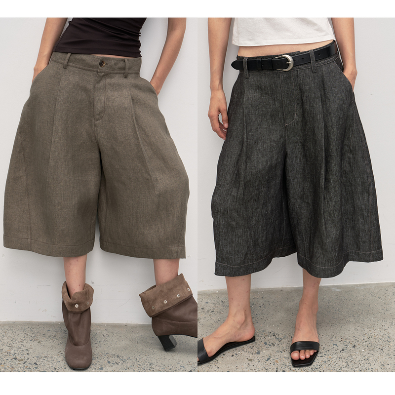 Urelax “Cool and Stylish” Washed Hemp Denim Fashionable Pleated Split-Line Cropped Pants
