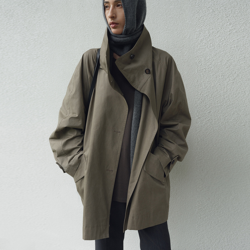 Urelax Korean Micro-Crinkle Combed Cotton/Cotton Brocade Washed Fabric Casual Multi-Wear Stand-Up Collar Silhouette Mid-Length Trench Coat Urelax Korean Micro-Crinkle Combed Cotton/Cotton Brocade Washed Fabric Casual Multi-Wear Stand-Up Collar Silhouette Mid-Length Trench Coat