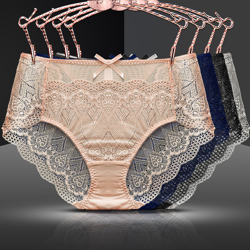 Three Packs of 315 Export Single Women's Underwear Lace Pure Color Mesh Lace Breathable High Waist Briefs to Lift Buttocks