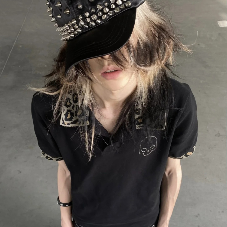 Leopard Print Lapel, Rice Grain Skull Embroidery, Regular Shoulder Fit, Polo Short Sleeves