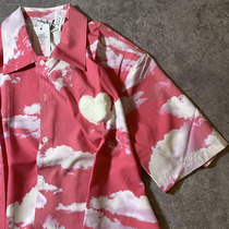 Original fire burning cloud pink shirt plush suede loving decoration Hawaiian short sleeves free of scalding shirt