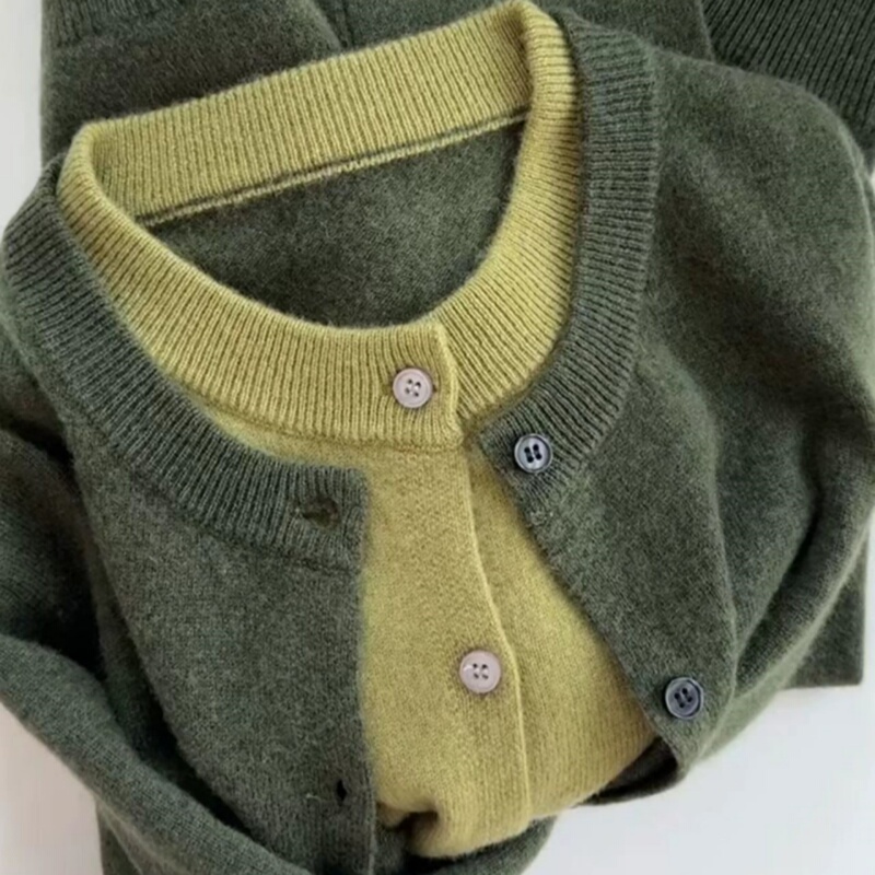 Soft and Fluffy Faux Two-Piece Pure Wool Cardigan for Women, Round Neck, Loose Fit, Slimming Knitwear, 2026 Spring and Autumn New Sweater Coat