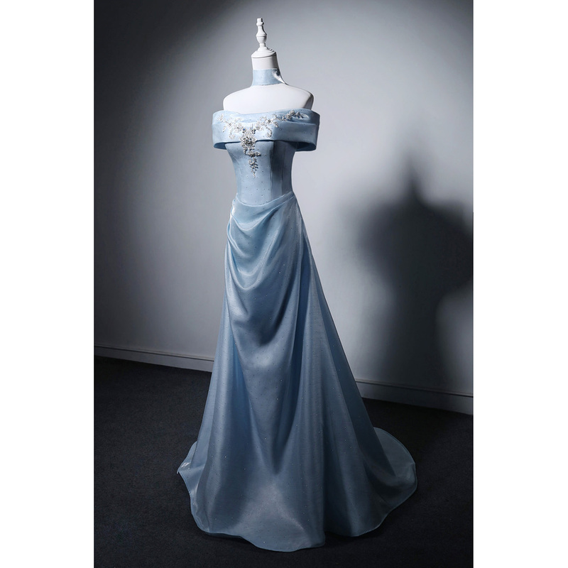 Gorgeous One-Shoulder Light Blue Long Dress with Hand-Beaded Embellishments, Suitable for Coming-Of-Age Ceremonies, Stage Performances, and High-End Evening Events for Women
