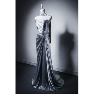 MISSQIAN浅灰蓝色表演毕业开学舞会晚会礼服敬酒服显瘦公主长裙女