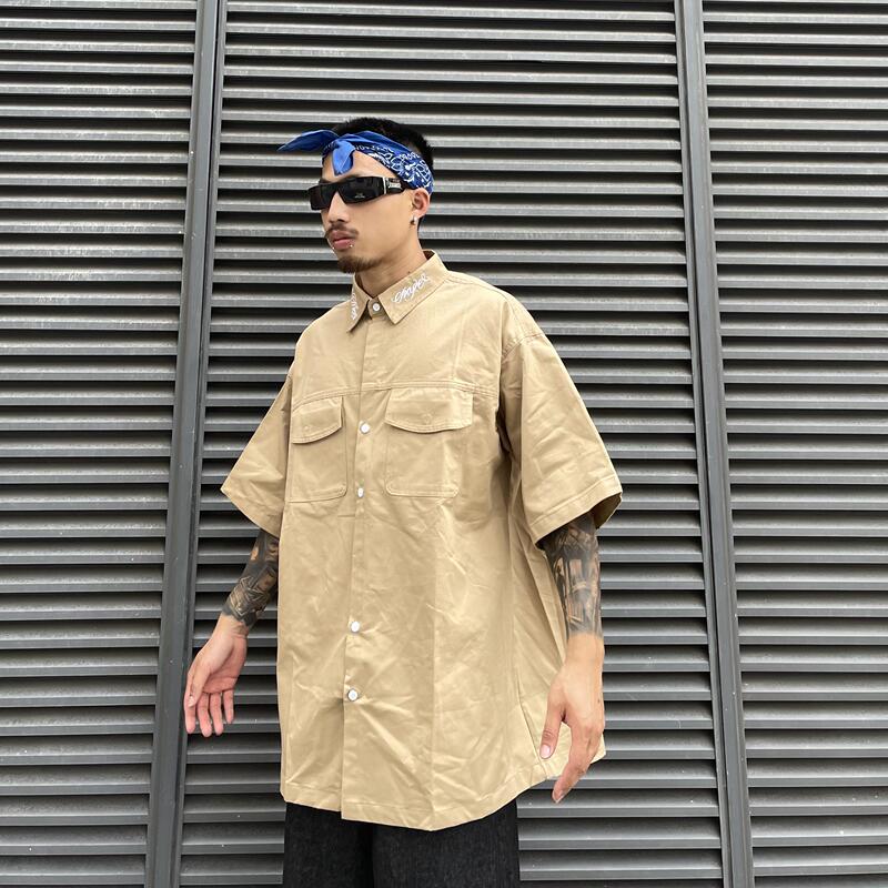 American West Coast Cursive Embroidered Lapel Shirt, Rap Street Dance Loose Oversized Men's Workwear Short-Sleeve Shirt, Trendy