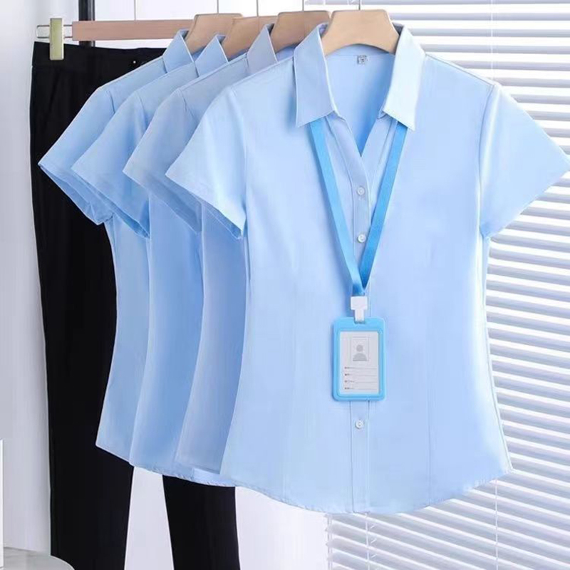 V-Neck Short-Sleeved Blue Shirt for Women, Professional Summer 2026 Formal Wear, Simple Workwear, Elegant White Shirt, Work Uniform