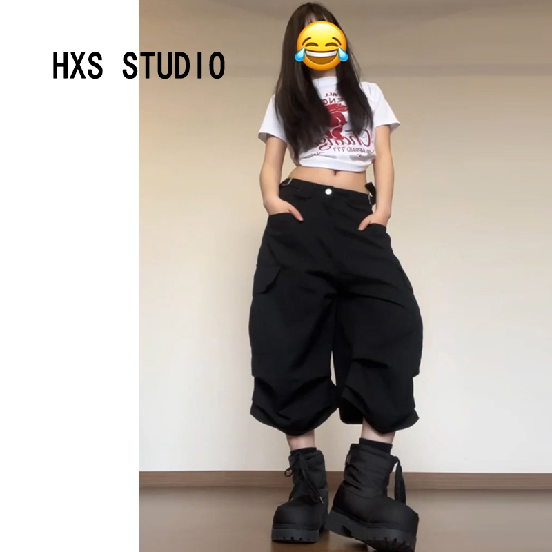 Japanese Style Bf Street Style Large Pocket Black Cargo Pants for Women 2026 Spring New Loose Straight Wide-Leg Cropped Pants Japanese Style Bf Street Style Large Pocket Black Cargo Pants for Women 2026 Spring New Loose Straight Wide-Leg Cropped Pants