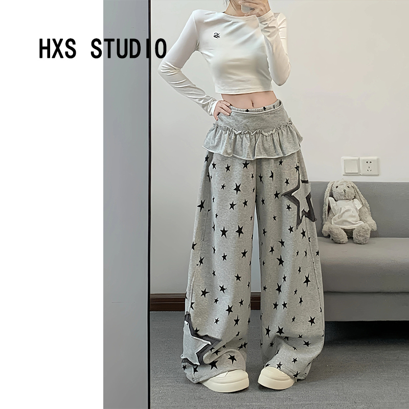 American-Style Fake Two-Piece Star-Print Wide-Leg Casual Sweatpants for Women, 2026 Summer New Loose-Fitting Sports Floor-Length Pants