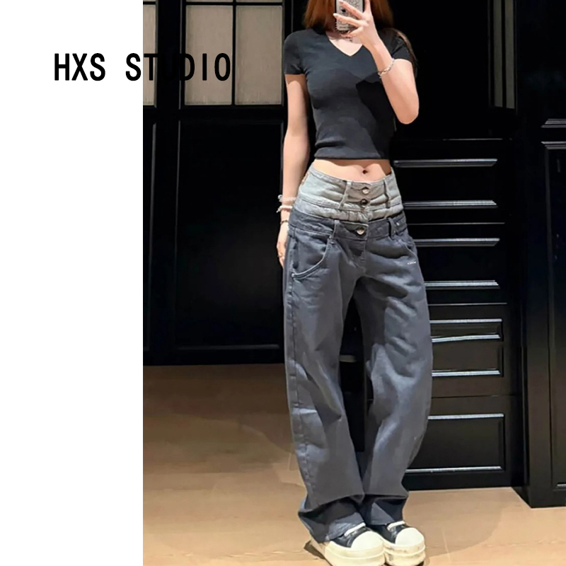 High Street Faux Two-Piece Double Waistband Straight-Leg Jeans for Women, 2026 Spring New Style, Loose Fit, Slimming, Floor-Length Pants