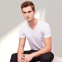 Carson Blue ice silk short-sleeved mens summer solid color V-neck T-shirt slim-fit simple casual versatile base shirt top tide