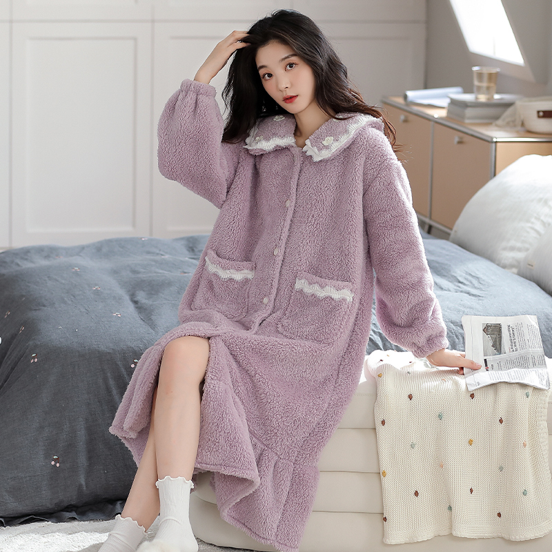 Flannel Nightgown for Women, Autumn and Winter Style, Thickened and Fleece-Lined, Women's Bathrobe, 2025 New Winter Cardigan Nightgown Dress Robe
