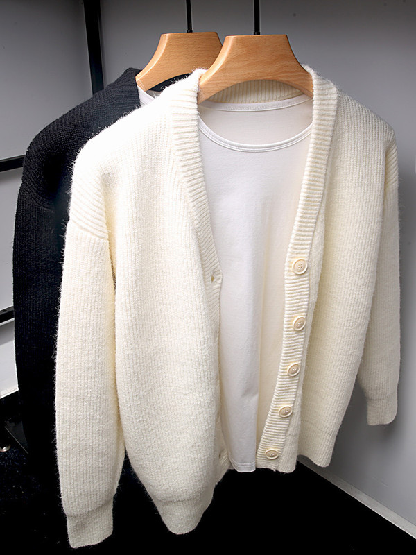 2025 Autumn/Winter New White Cardigan Men's Knitwear Trendy Lazy Style Sweater Jacket Men's Loose Korean Style Sweater