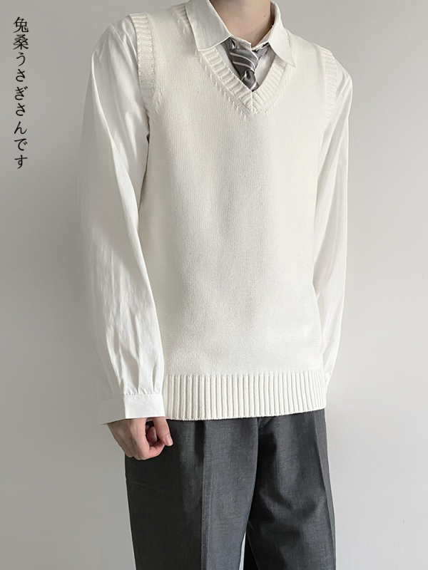 Autumn and Winter Basic Pullover Solid Color Sleeveless Vest Versatile Simple Knitted Dk Sweater Vest Men's College Style Uniform