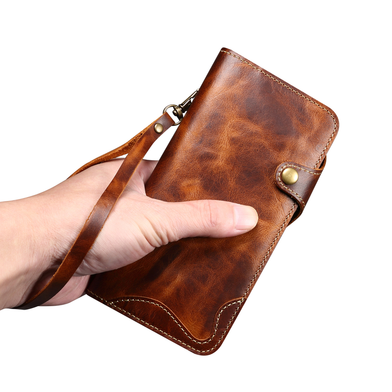 Oil Wax Leather Button Style Flip Leather Case Suitable for Apple 17Promax Phone iPhone 14 Plus Protective Case 15Pro Genuine Leather 13 Card Holder 16 Protective Case