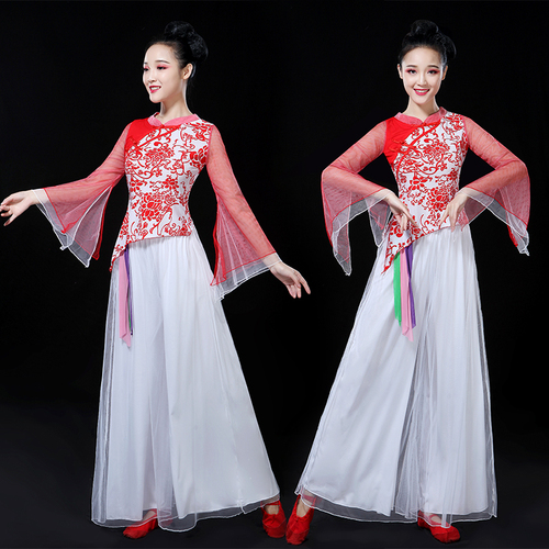 Chinese folk dance dress for women Classical fan dance performance dress female adult elegant Chinese style blue and white porcelain folk dance Square Dance Costume