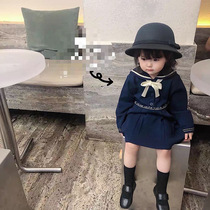 Navy Wind Girl Fall New Day Ensemble Children Dress Womens Dress Princess Dress Princess Dresses Children Butterfly Knots Pleats