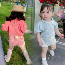 21 summer childrens short-sleeved doll shirt Girls cute knitted top thin female baby hollow breathable shorts set