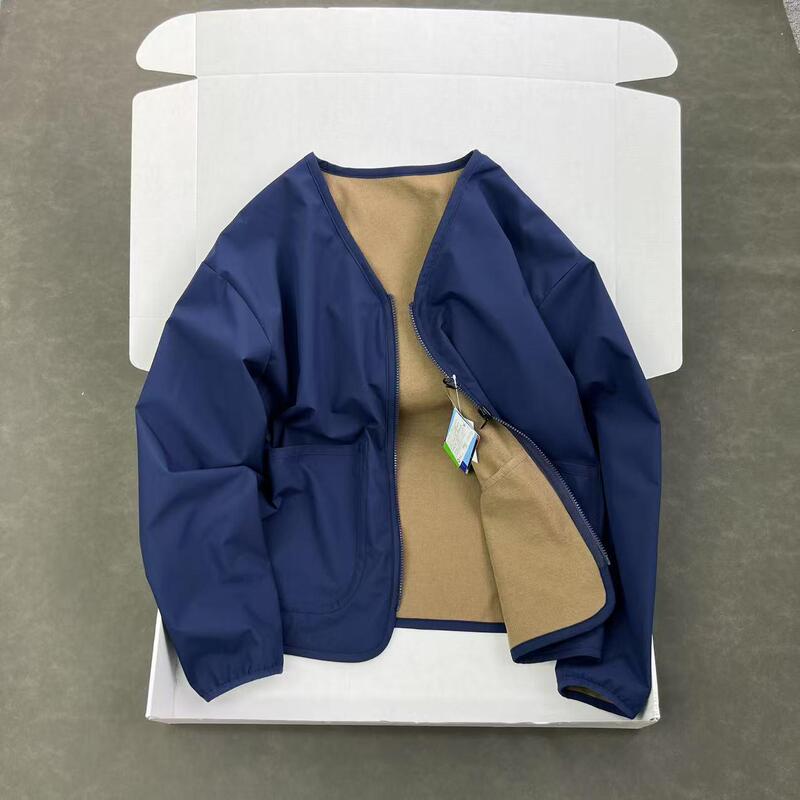 Japanese-Style Hong Kong Style Reversible Workwear Spring and Autumn Casual Collarless Couple Outdoor Casual Jacket Trendy Japanese-Style Hong Kong Style Reversible Workwear Spring and Autumn Casual Collarless Couple Outdoor Casual Jacket Trendy