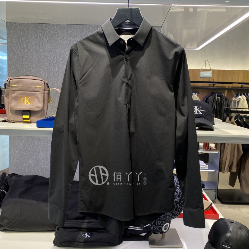 Ck Jeans Spring and Autumn Men's Business Casual Lapel Solid Color Embroidered Long Sleeve Shirt J319065