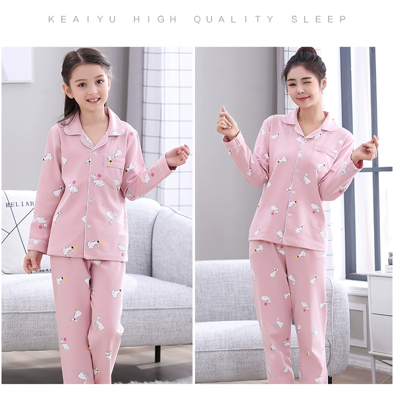 Mùa xuân và mùa thu đồ ngủ cha mẹ con gái cotton dài tay phục vụ nhà phù hợp với mùa hè cô gái lớn trẻ em mẹ và con gái gia đình mặc