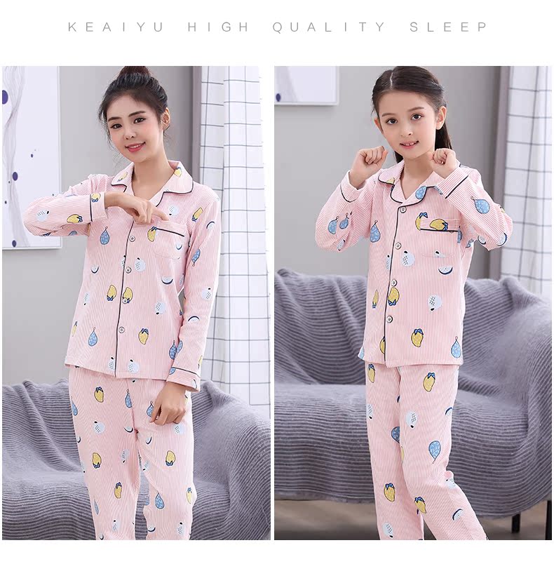 Mùa xuân và mùa thu đồ ngủ cha mẹ con gái cotton dài tay phục vụ nhà phù hợp với mùa hè cô gái lớn trẻ em mẹ và con gái gia đình mặc pijama ngắn tay