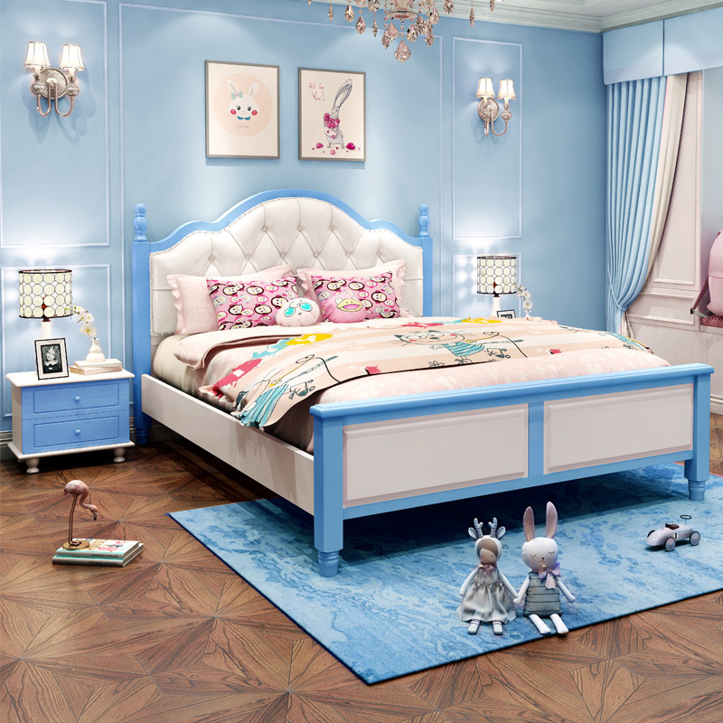 Solid wood children's bed boy teenager single bed white blue girl double bed 1 5m1 8m soft leather