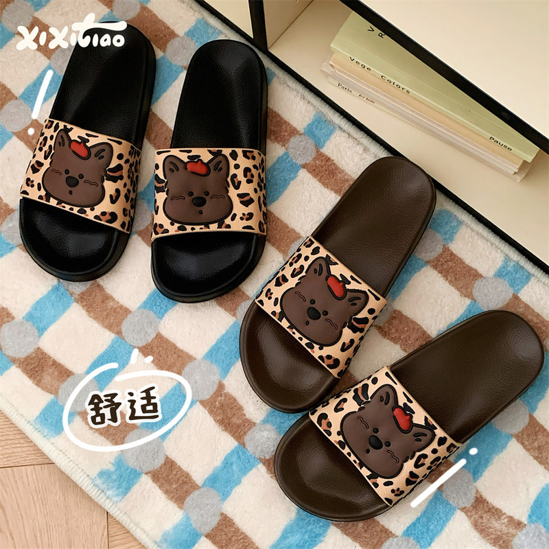 Thin Strips Sweet Cool Cute Leopard Print Puppy Slippers for Women, Personalized Home Non-Slip Soft Sole Outdoor Sandals for Students