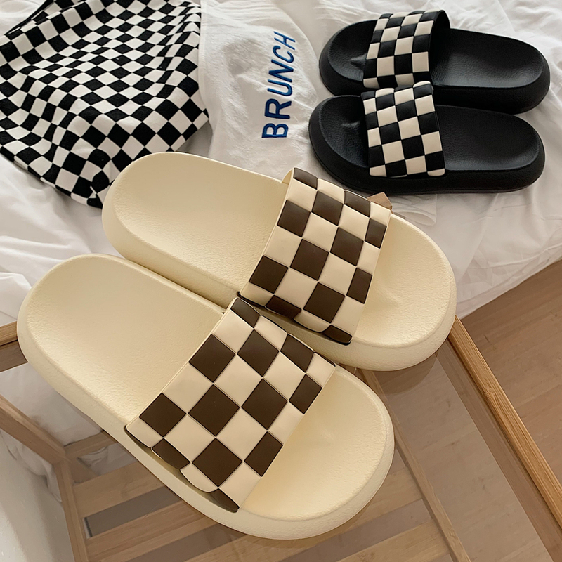 Thin Striped Black and White Checkerboard Slippers, Summer Fashion for Men and Women, Trendy Ins-Style, Thick-Soled Beach Sandals with a Stepping-On-Clouds Feel, Couple's Slippers