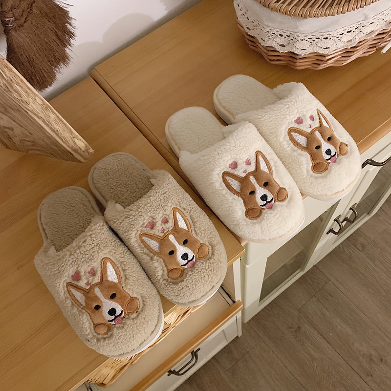 Fine Thin Strips Korea Ins Cute Cartoon Cotton Slippers Female Winter Home Use Indoor Non-slip Student Lamb Wool Shoes