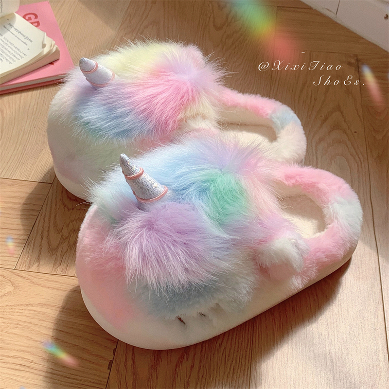 New Style Girly Rainbow Unicorn Cotton Slippers for Women, Winter Indoor Warm Plush Maternity Shoes