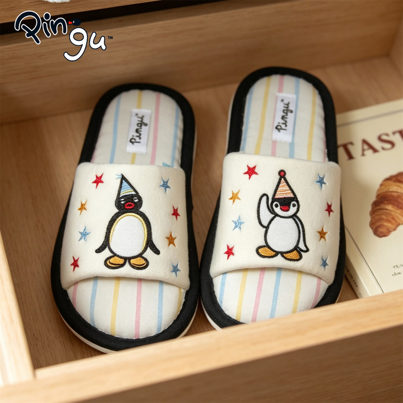 Cute Star Penguin Floor Slippers for Women, Genuine Pingu, Sweat-Absorbent, Suitable for Air-Conditioned Rooms, All-Season Cotton Slippers