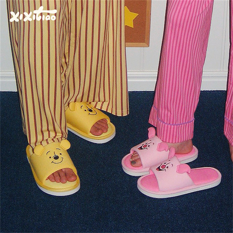 Thin Strips Disney Couple Floor Slippers Ins Winnie the Pooh Piglet Spring and Summer Home Cotton Slippers for Men and Women