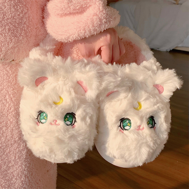 Thin Striped Girly Cat Cotton Slippers for Women, Winter Home Non-Slip Warm Cute Plush Soft Sole Shoes