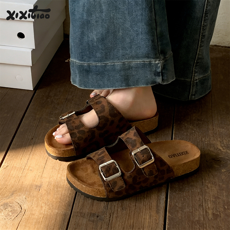 Thin Leopard Print Double-Strap Slippers for Women with Arch Support, Cork Sole, Retro Versatile Summer Outdoor Slip-On Sandals Thin Leopard Print Double-Strap Slippers for Women with Arch Support, Cork Sole, Retro Versatile Summer Outdoor Slip-On Sandals