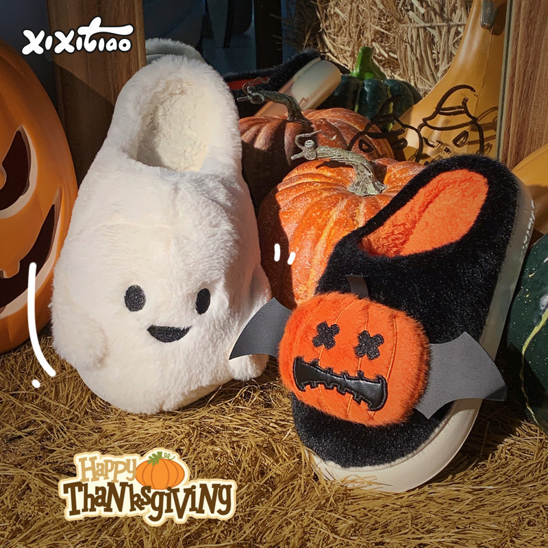 Thin Strips Couple's Quirky Furry Slippers Ins Halloween Pumpkin Ghost Winter New Style Indoor Cotton Slippers for Men and Women Thin Strips Couple's Quirky Furry Slippers Ins Halloween Pumpkin Ghost Winter New Style Indoor Cotton Slippers for Men and Women