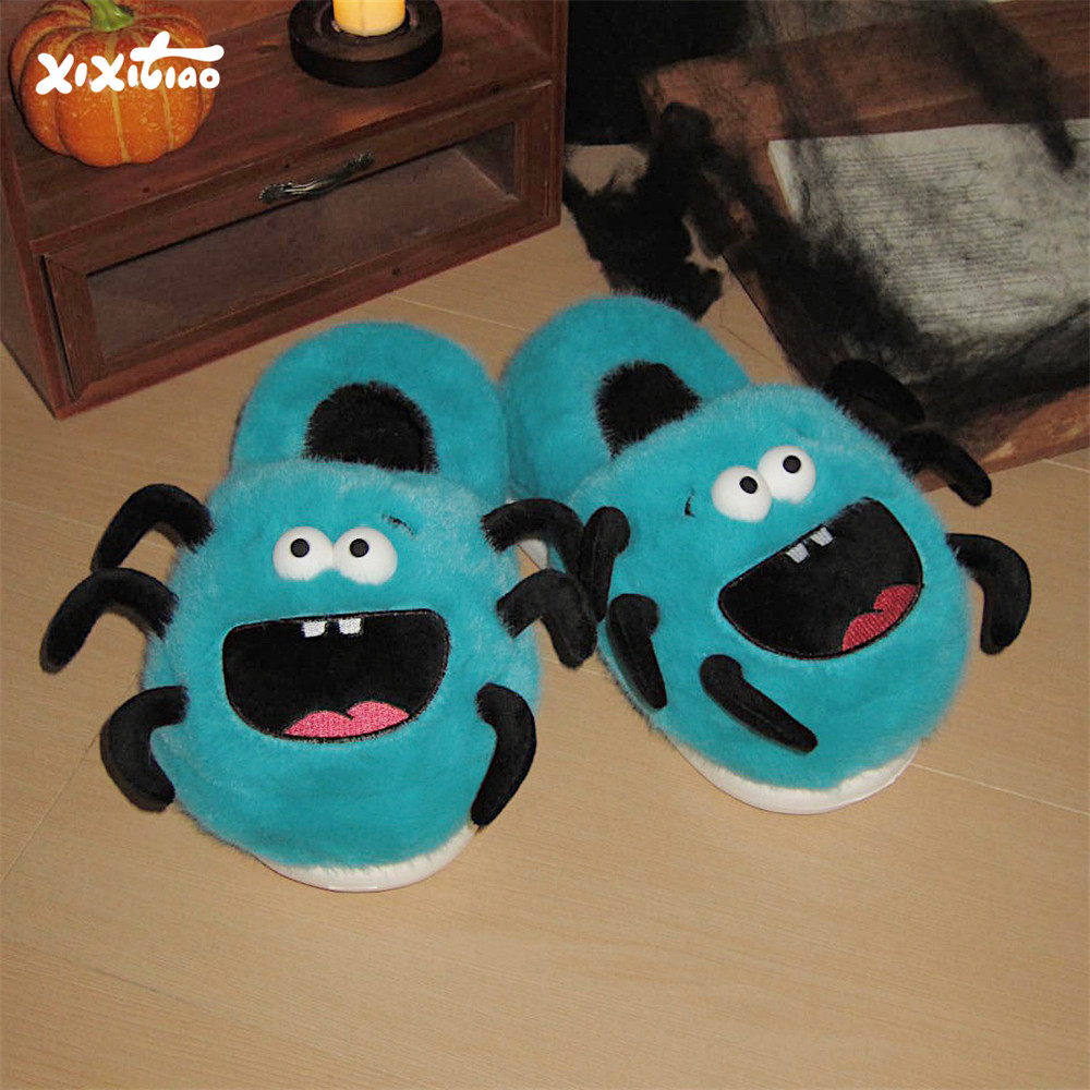 Thin striped personalized couple bags and furry shoes, winter quirky spider non-slip home Halloween cotton slippers for men and women
