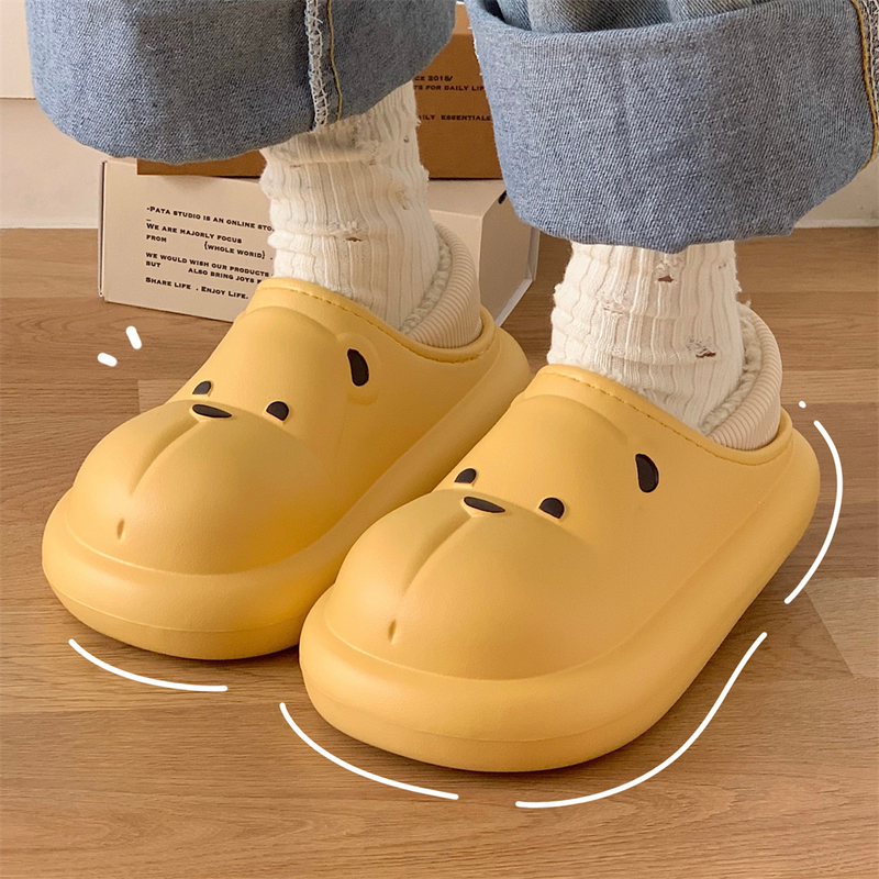 Thin Waterproof Cartoon Bear Cotton Slippers for Men and Women, Winter Family Home Non-Slip Warm Closed-Back Maternity Shoes