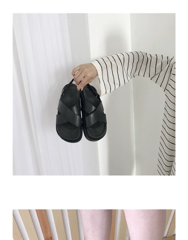 Giày đế bệt đế bệt đế bằng gió quai ngang 2018 hè mới muffin dày đáy đen Martin sandal triều