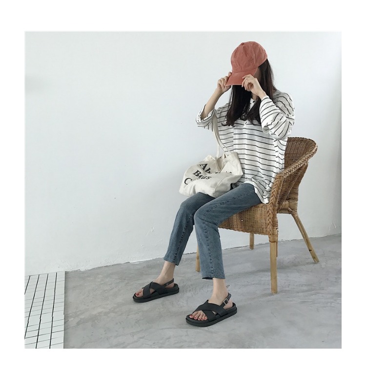 Giày đế bệt đế bệt đế bằng gió quai ngang 2018 hè mới muffin dày đáy đen Martin sandal triều bitis sandal nữ