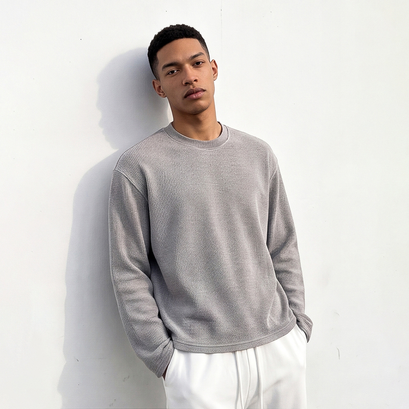 Cleanfit American Retro Boxy Short Loose-Fitting Waffle-Textured Long-Sleeved T-Shirt for Men as an Inner Layer Cleanfit American Retro Boxy Short Loose-Fitting Waffle-Textured Long-Sleeved T-Shirt for Men as an Inner Layer