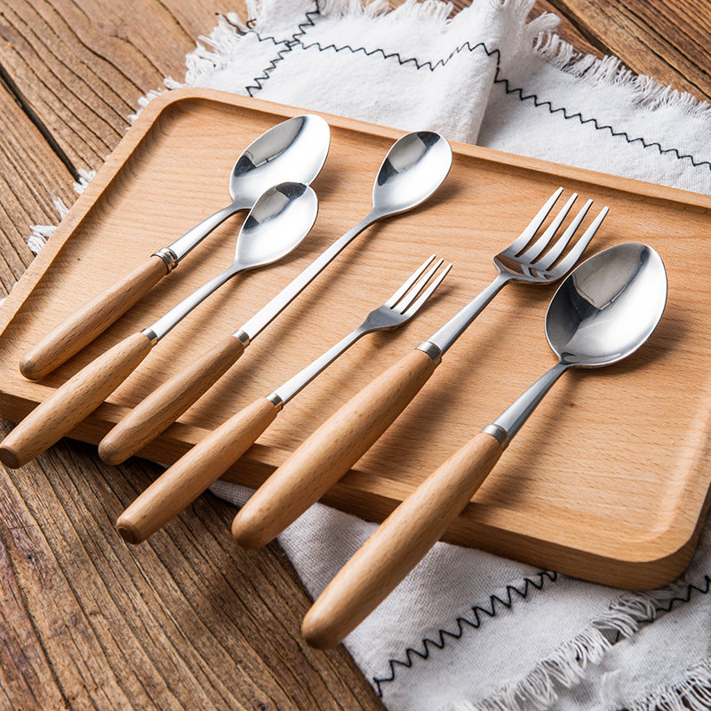 Wood Handle Wooden Knife Fork Set West Cutlery Creative Eu Type Food Grade Stainless Steel Thickened Steak Dining Knife Fork Dining Spoon
