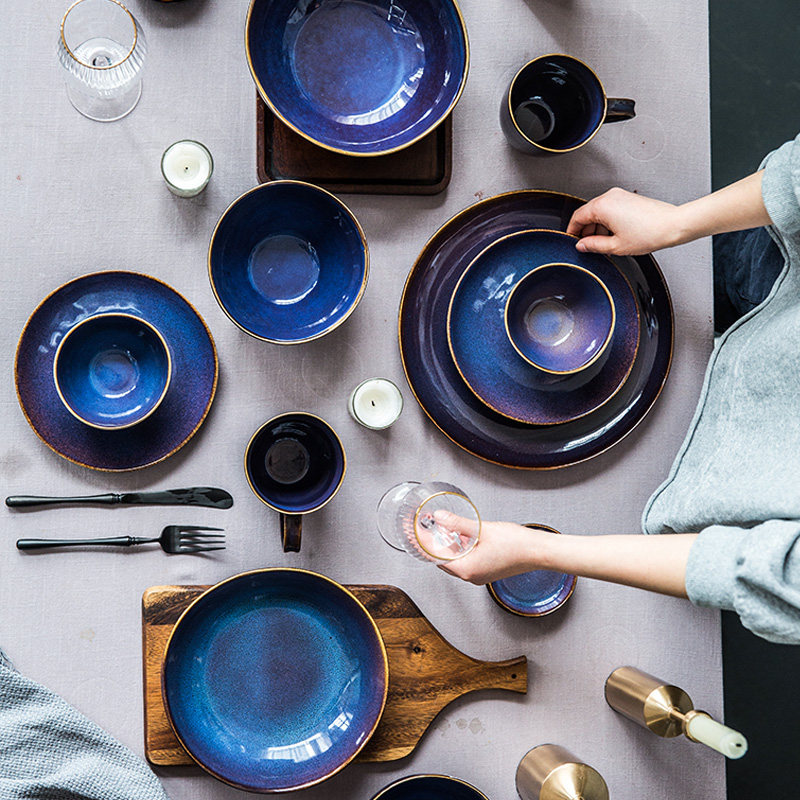 Bovine dish tableware household ceramic creative set Nordic INS simple lovely retro soup bowl dish combination bowl