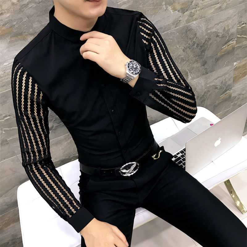 Personality Trendsetter autumn men's Korean long-sleeved shirt Openwork lace sleeve slim-fit hair stylist slim-fit tight shirt