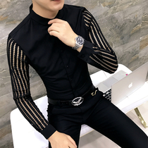 Personality trending men autumn men Korean long sleeve shirt hollow lace sleeve slim hair stylist slim body slim tight shirt
