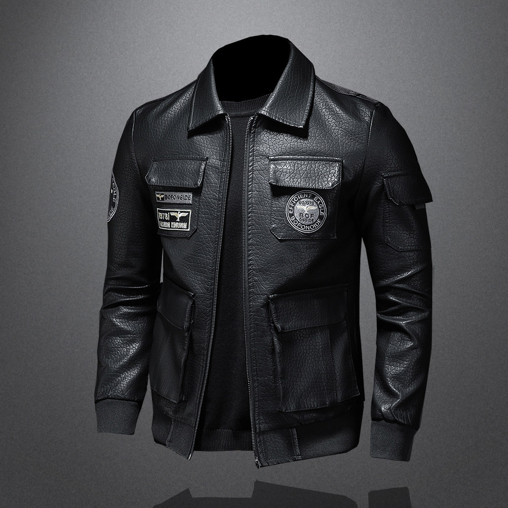 2021 spring and autumn new military style pilot leather jacket jacket men's large size slim lapel embroidery men's leather jacket