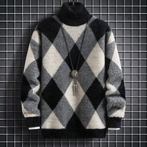 High collar sweater Youth mens spring autumn season line clothes mens Korean version trendy round collar casual undershirt plaid plaid weaters