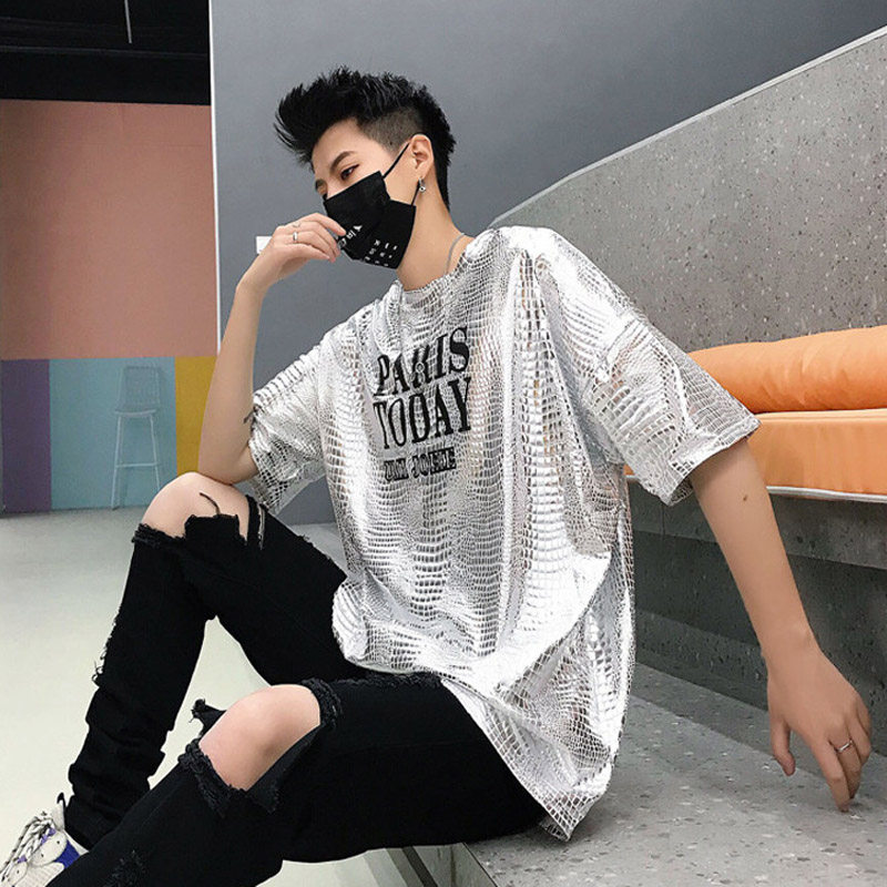 The loose hip hop wind 22 summer men perform young men's leisure short sleeve T - shirt perform bright gold and silver shirt