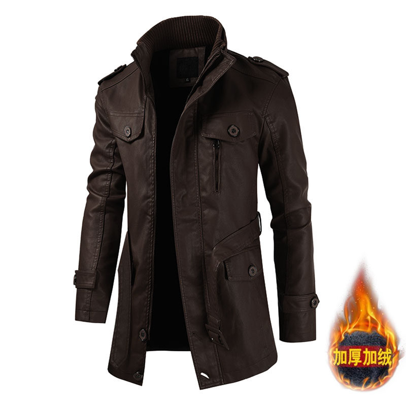 2020 autumn/winter plus plus thick men's new trend medium-length leather clothing plus velvet casual collar men's leather windshield
