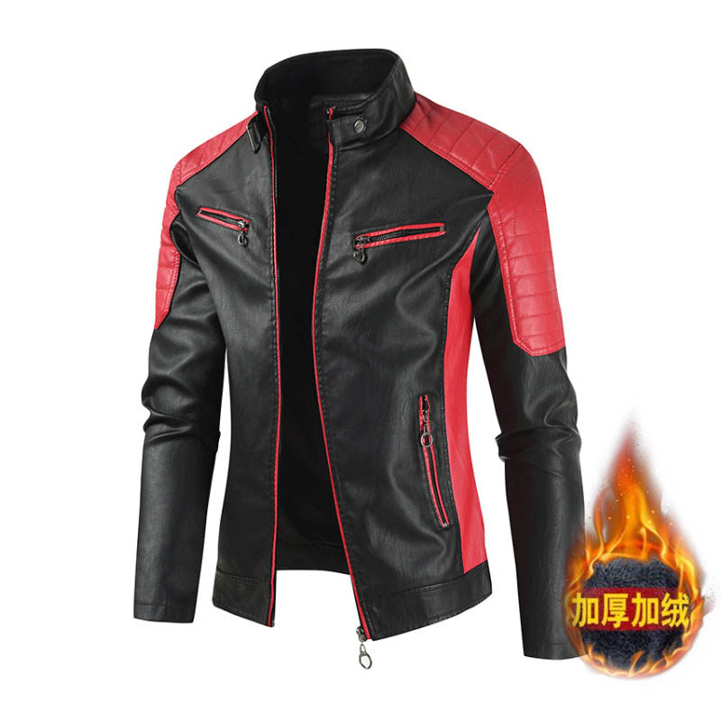 2020 autumn and winter add cashmere baseball men's stand-up collar color slim motorcycle personality warm thickening large size casual leather clothing
