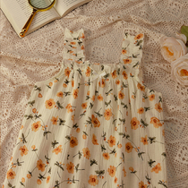 Japanese suspender green flower nightgown for women summer double-layer gauze cotton bow vest pure cotton pajamas thin can be worn outside